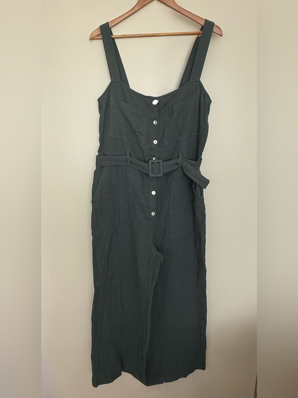 Zara Cotton Textured Muslin Belted Teal Blue Button-Front Overalls Jumpsuit M